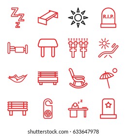 Rest icons set. set of 16 rest outline icons such as garden bench, table, woman in hammock, sunbed, do not disturb, bench, bed, man sleeping on table, umbrella, headstone