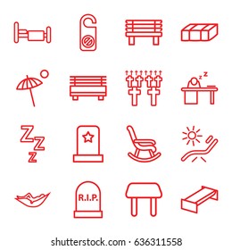 Rest icons set. set of 16 rest outline icons such as garden bench, table, woman in hammock, sunbed, do not disturb, bench, bed, man sleeping on table, umbrella, headstone