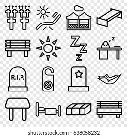 Rest icons set. set of 16 rest outline icons such as garden bench, table, woman in hammock, sunbed, do not disturb, bench, bed, man sleeping on table, pergola, headstone