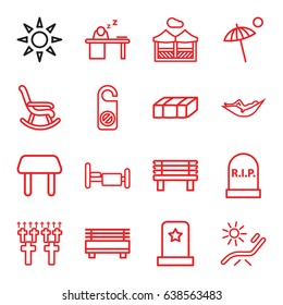 Rest icons set. set of 16 rest outline icons such as garden bench, table, woman in hammock, sunbed, do not disturb, bench, bed, man sleeping on table, pergola, umbrella