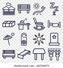 Rest icons set. set of 16 rest outline icons such as garden bench, table, sunbed, do not disturb, bench, bed, man sleeping on table, pergola, umbrella, headstone, cemetery