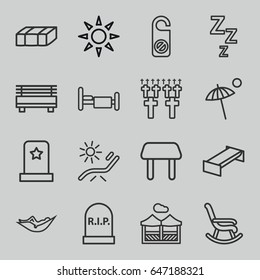 Rest icons set. set of 16 rest outline icons such as garden bench, table, woman in hammock, sunbed, do not disturb, bed, pergola, umbrella, headstone, cemetery, rocking chair