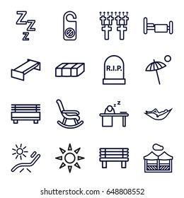 Rest icons set. set of 16 rest outline icons such as garden bench, woman in hammock, sunbed, do not disturb, bench, bed, man sleeping on table, pergola, umbrella, headstone