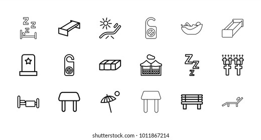 Rest icons. set of 18 editable outline rest icons: garden bench, table, sunbed, do not disturb, zzz, bench, bed, pergola, umbrella, headstone, cemetery