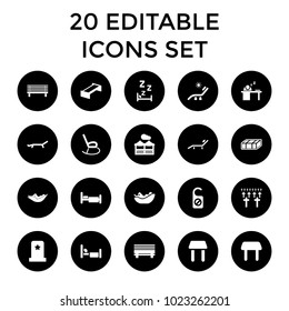 Rest icons. set of 20 editable filled rest icons such as garden bench, table, woman in hammock, sunbed, bed, bench. best quality rest elements in trendy style.