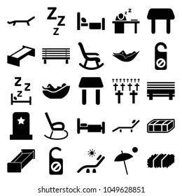 Rest icons. set of 25 editable filled rest icons such as garden bench, table, woman in hammock, sunbed, do not disturb, rocking chair, zzz, bed, bench, man sleeping on table