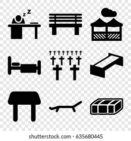 Rest icons set. set of 9 rest filled icons such as garden bench, table, bench, bed, man sleeping on table, pergola, sunbed