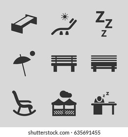 Rest icons set. set of 9 rest filled icons such as garden bench, sunbed, bench, man sleeping on table, pergola, umbrella, rocking chair
