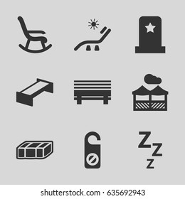 Rest icons set. set of 9 rest filled icons such as garden bench, sunbed, do not disturb, pergola, headstone, rocking chair, bench