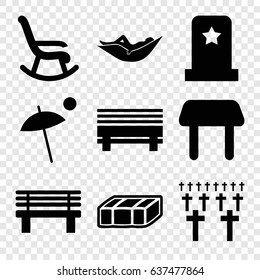 Rest icons set. set of 9 rest filled icons such as garden bench, table, woman in hammock, bench, umbrella, headstone, cemetery