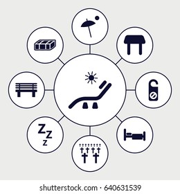 Rest icons set. set of 9 rest filled icons such as garden bench, table, sunbed, do not disturb, bench, bed, umbrella, cemetery
