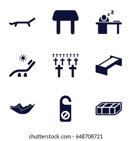 Rest icons set. set of 9 rest filled icons such as garden bench, table, woman in hammock, sunbed, do not disturb, man sleeping on table