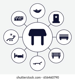 Rest icons set. set of 9 rest filled icons such as garden bench, table, woman in hammock, sunbed, bench, bed