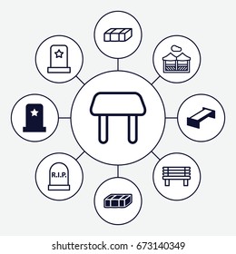 Rest icons set. set of 9 rest filled and outline icons such as garden bench, headstone, table, bench