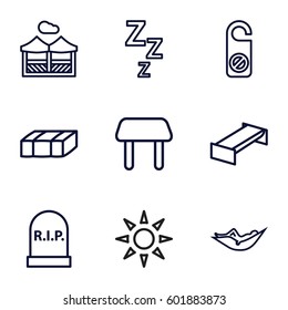 rest icons set. Set of 9 rest outline icons such as garden bench, table, woman in hammock, do not disturb, pergola, sunbed, headstone