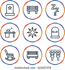 Rest icons set. set of 9 rest outline icons such as bench, man sleeping on table, sunbed, headstone, cemetery, rocking chair