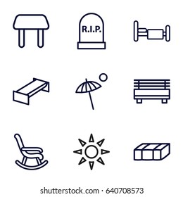 Rest icons set. set of 9 rest outline icons such as garden bench, table, bed, sunbed, umbrella, headstone, rocking chair