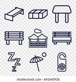 Rest icons set. set of 9 rest outline icons such as garden bench, table, do not disturb, bench, pergola, umbrella