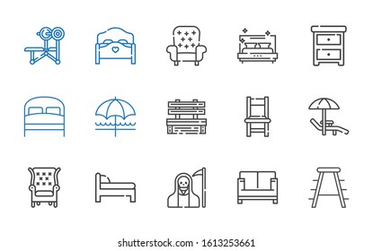 rest icons set. Collection of rest with stool, sofa, death, bed, armchair, sunbed, chair, bench, sun umbrella, nightstand. Editable and scalable rest icons.