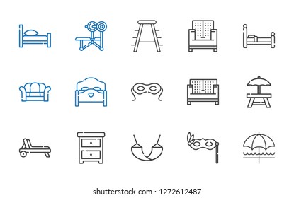 rest icons set. Collection of rest with sun umbrella, eye mask, hammock, nightstand, deck chair, rest area, sofa, bed, stool, bench. Editable and scalable rest icons.