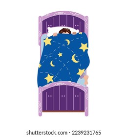 Rest of kids at night. Vector illustration of sleeping in bed. Cartoon children lying on pillows under blankets in home bedroom isolated on white. Bedtime, childhood concept