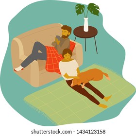 rest in the living room, couple with dog
