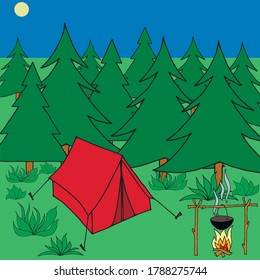 Descanse en el bosque iluminado por la luna.Dibujo de la mano de la ilustración vectorial.