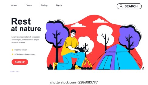 Rest at nature concept for landing page template. Man fires up campfire and resting with tent in forest. Hiking and camping people scene. Vector illustration with flat character design for web banner