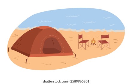 Rest near to sea, tent, chairs and campfire on beach. Vector adventures by seaside. Summer vacation in nature. Beauty of coastline with experience of outdoor living. Camping area landscape