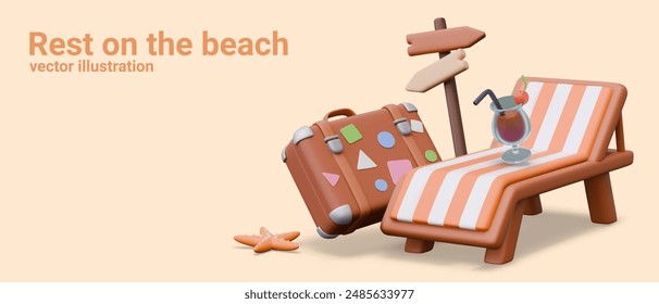 Rest on beach. Horizontal banner in 3D cartoon style