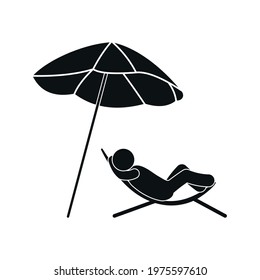 rest on the beach icon, man in sun lounger under umbrella resting, stick man pictogram, isolated silhouette