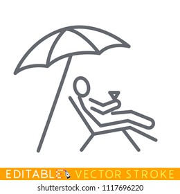 Rest on the beach under umbrella. Editable stroke icon. Stock sketch vector illustration.