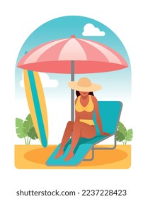 Rest on beach. Young woman in yellow swimsuit and hat sitting on hammock. Holidays in tropical and exotic countries. Hot weather and sun protection metaphor. Cartoon flat vector illustration