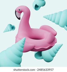 Rest on coast. Color poster in 3D style for resort business. Inflatable flamingo ring