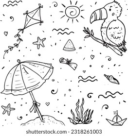 Rest on the Sea Coast. Sand, Kite, Seashells Vector illustrations in Doodle Style