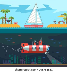 Rest on the sea: palms, islands, sail, submarine. Vector flat illustration