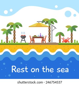 Rest on the sea. Picnic on the beach under palm trees. Barbecue. Vector flat illustration