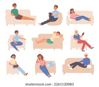 Rest on sofa and chairs. Men relaxing on couch, young people resting, sleeping and dreaming. Teenager relax with smartphone, girl hold cat snugly vector set
