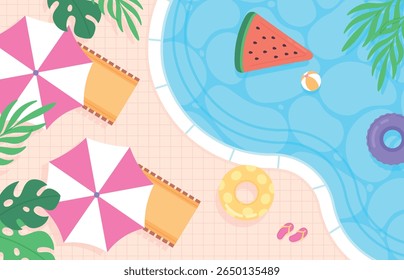 Descanse no fundo da piscina. Hotel resort zona de natação, lazer exterior lugar em apartamentos. Colchão inflável e anéis, guarda-chuva de proteção solar, ilustração vetorial radiante