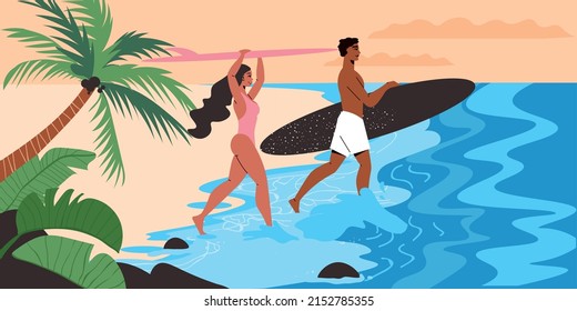 Rest on tropical beach flat background with man and woman going into sea with surfboards vector illustration