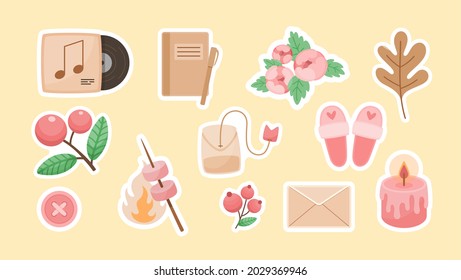 Rest on weekend stickers. Listening your favorite music with entries in diary. Traveling in nature with bonfire and admiring blossoming flowers. Romantic candlelight dinner. Vector cartoon label
