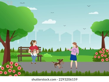 Rest in the park. The girl plays with the dog. Illustration of outdoor recreation. Vector illustration. People and animals. For flyers, covers, advertising, posters, veterinary clinics and shops