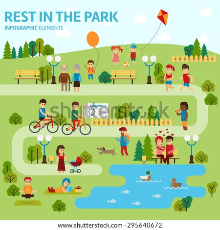 Rest in the park infographic elements flat vector design. People spend time relaxing in nature. Parents and children are walking in the park, a couple in love is sitting on the bench. Man, woman set