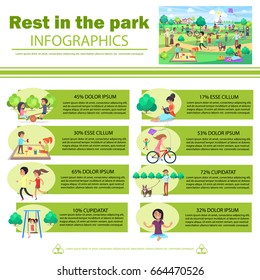 Rest in park infographics vector poster with pictures of people relaxation outdoors on fresh air and percents rate showing popular activities