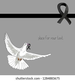 Rest in Peace. Flying pigeon with black ribbon on light grey background. Vector illustration of white pigeon flying on grey background with black ribbon. RIP