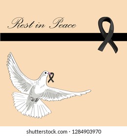 Rest in Peace. Flying pigeon with black ribbon on light orange background. Vector illustration of white pigeon flying. RIP