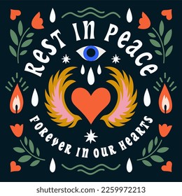 Rest in peace, memorial cards with floral borders, in loving memory and deepest sympathy condolences. Obituary and tombstone decorations with love, eyes, candle, heart, wing, leaves and rose flowers