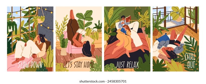 Rest, relax at cozy home, cards set. Weekend leisure time, people enjoying slow living, hygge relaxation. Holiday lounge, pleasure and lazy recreation moments, posters. Flat vector illustrations