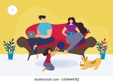 Rest and Relax at Home Thematic Family Cartoon. Mother Reading Book, Father Working on Laptop, Daughter Playing Ball with Puppy. Recreation at Home. Indoor Activities. Flat Vector Illustration