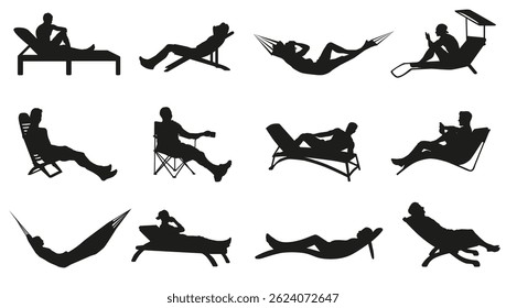 Rest. Relax on the beach. Set of silhouettes of men relaxing on the beach. EPS 10.
